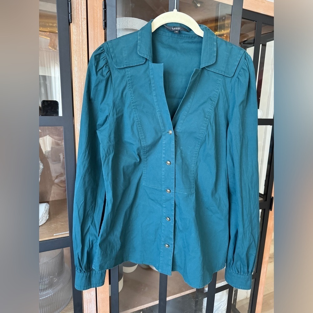 Vintage Gucci teal button up shirt blouse long sleeve top emerald brass work - Picture 8 of 13